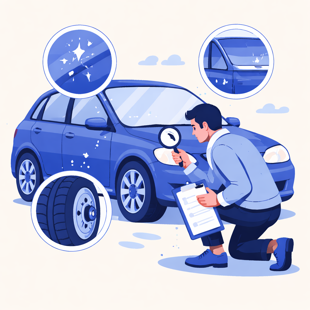 Illustration pour "<strong>Gebrauchtwagen vor dem Kauf prüfen Checkliste</strong> für außen und Karosserie"