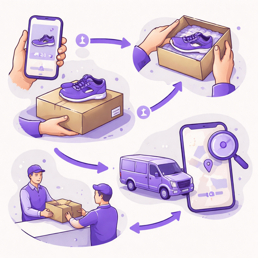 Illustration pour "Sicher verkaufen mit Versand: Der richtige Ablauf Schritt für Schritt"