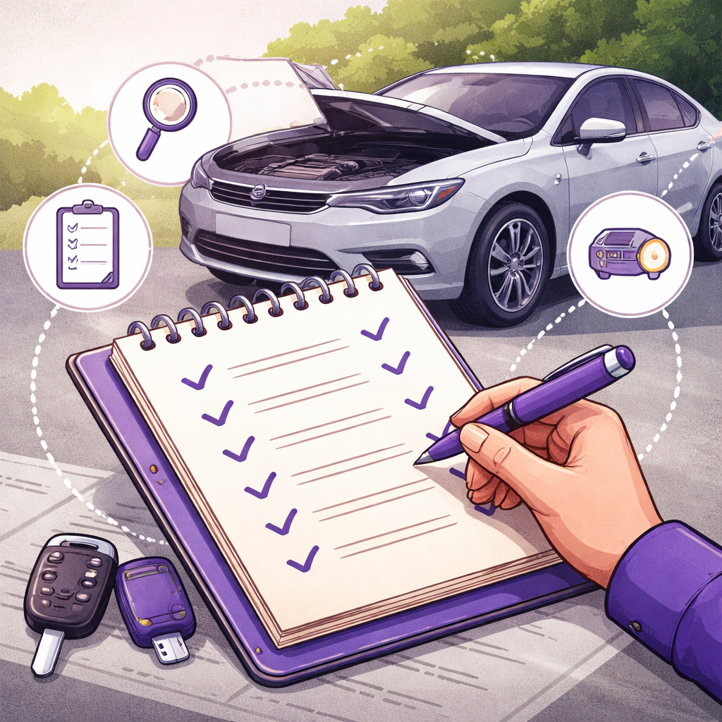 Illustration pour "La <strong>checklist achat voiture occasion</strong> à suivre pendant la visite"