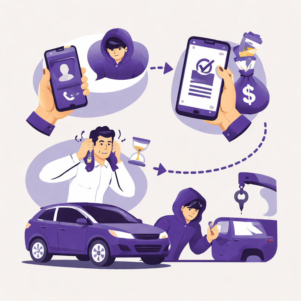 Illustration pour "How the scam usually works from first contact to vehicle pickup"