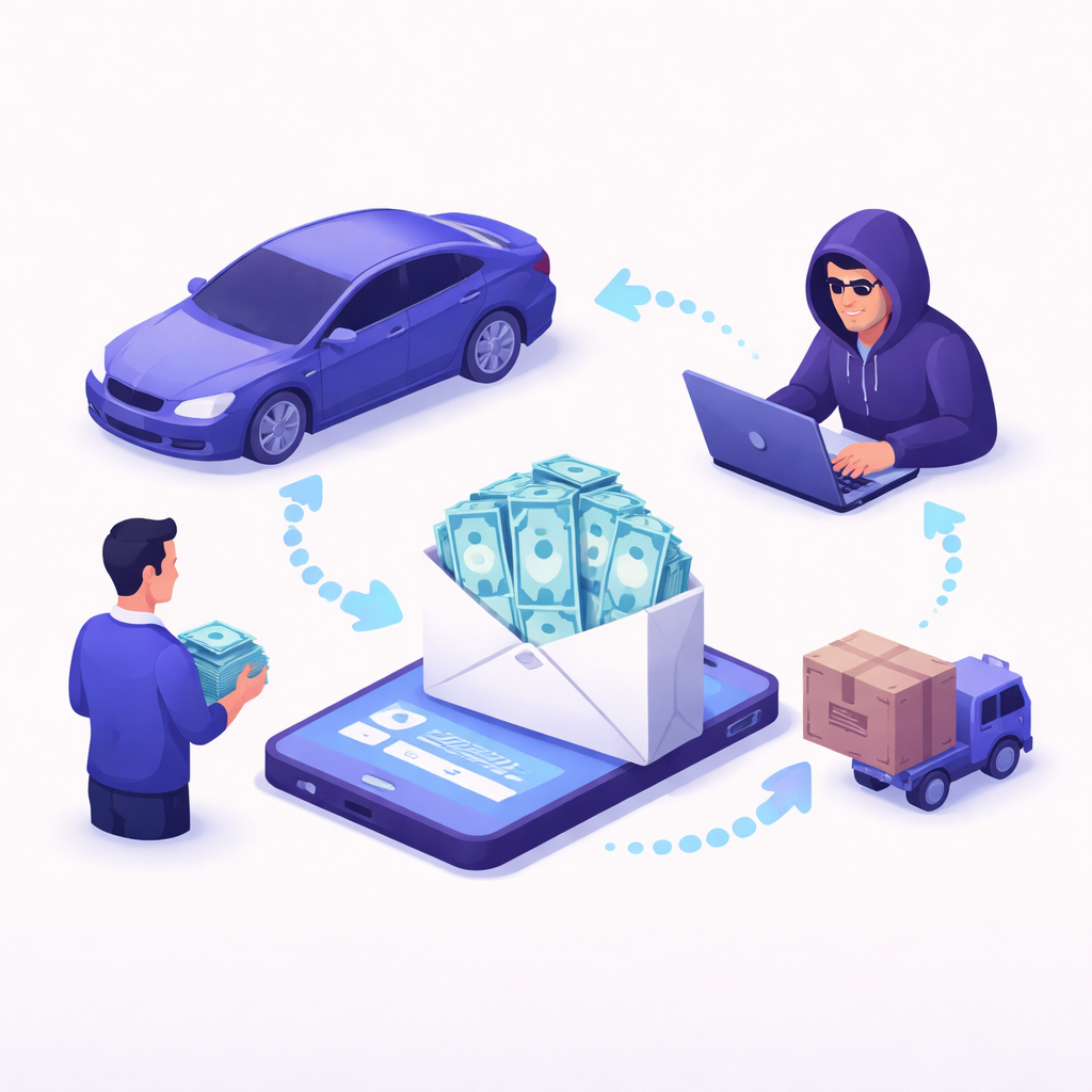Illustration pour "How the fake buyer overpay scam works in a car transaction"